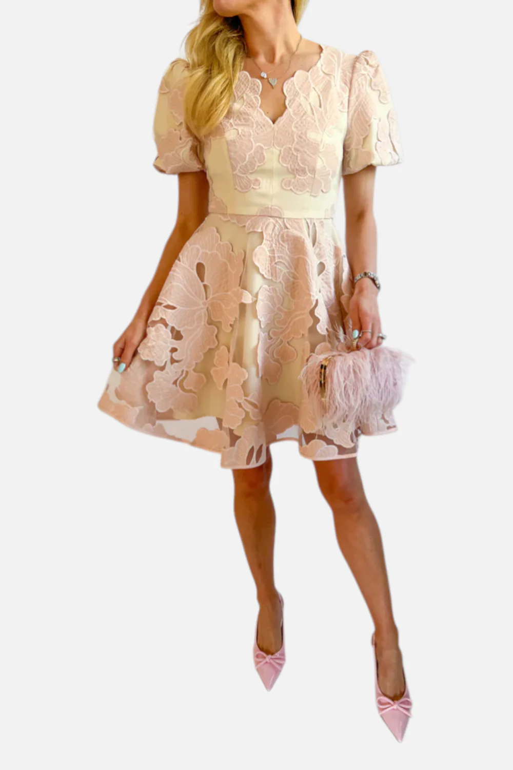 Adelyn Rae Ariana Bubble Sleeve Mini Dress in Blush