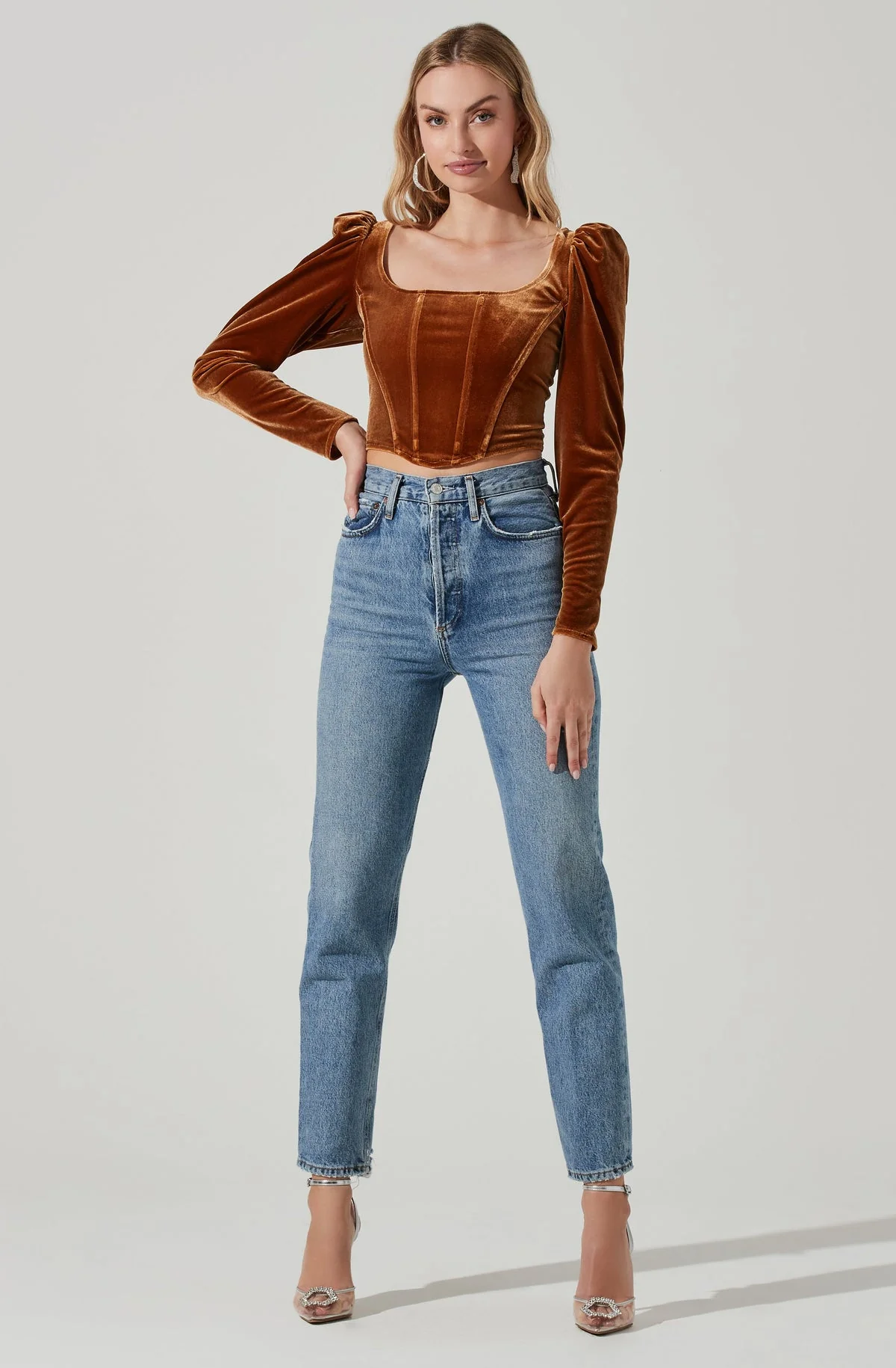 ASTR The Label Ashbury Velvet Corset Long Sleeve Top in Gold - Image 3