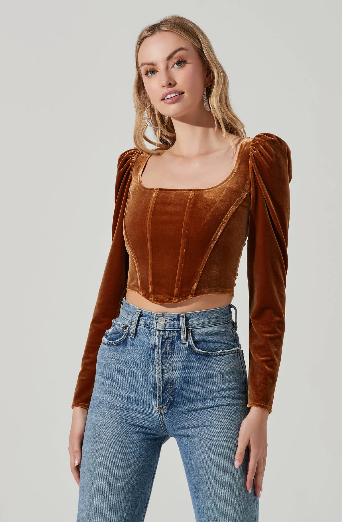 ASTR The Label Ashbury Velvet Corset Long Sleeve Top in Gold - Image 4