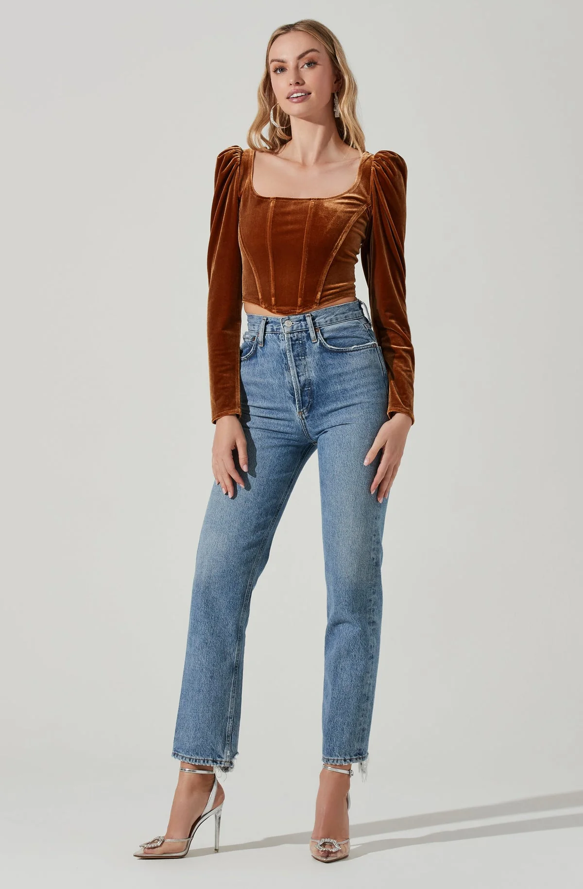ASTR The Label Ashbury Velvet Corset Long Sleeve Top in Gold - Image 5