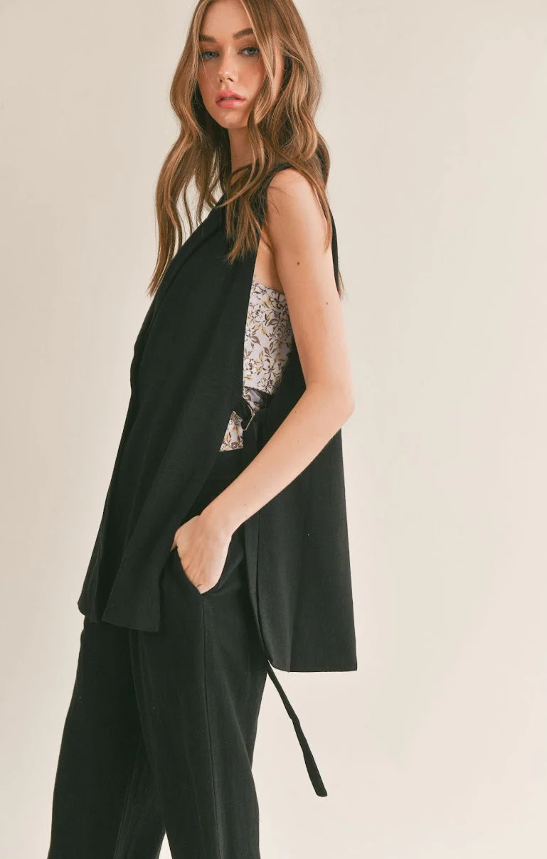 Sage the Label At Ease Linen Blend Side Belted Blazer in Black - Image 2