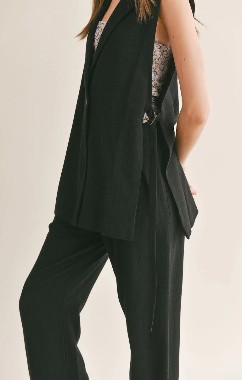 Sage the Label At Ease Linen Blend Side Belted Blazer in Black - Image 3
