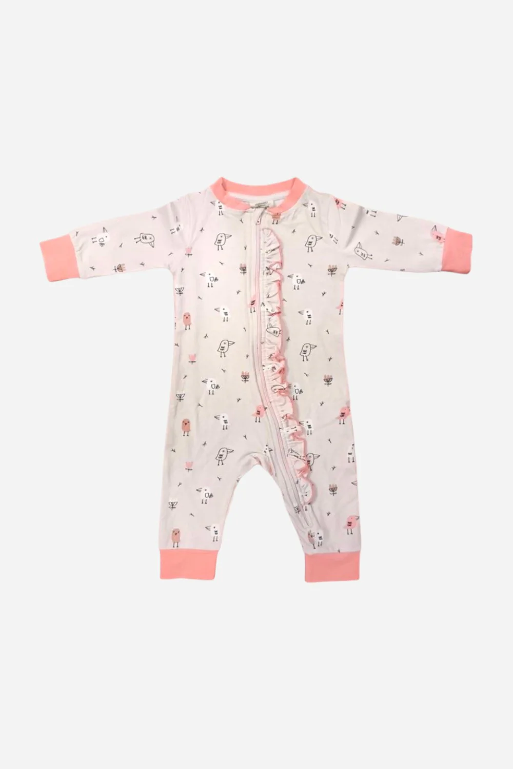 Viverano Birds Ruffle Zipper Baby Jumpsuit in Blush Pink