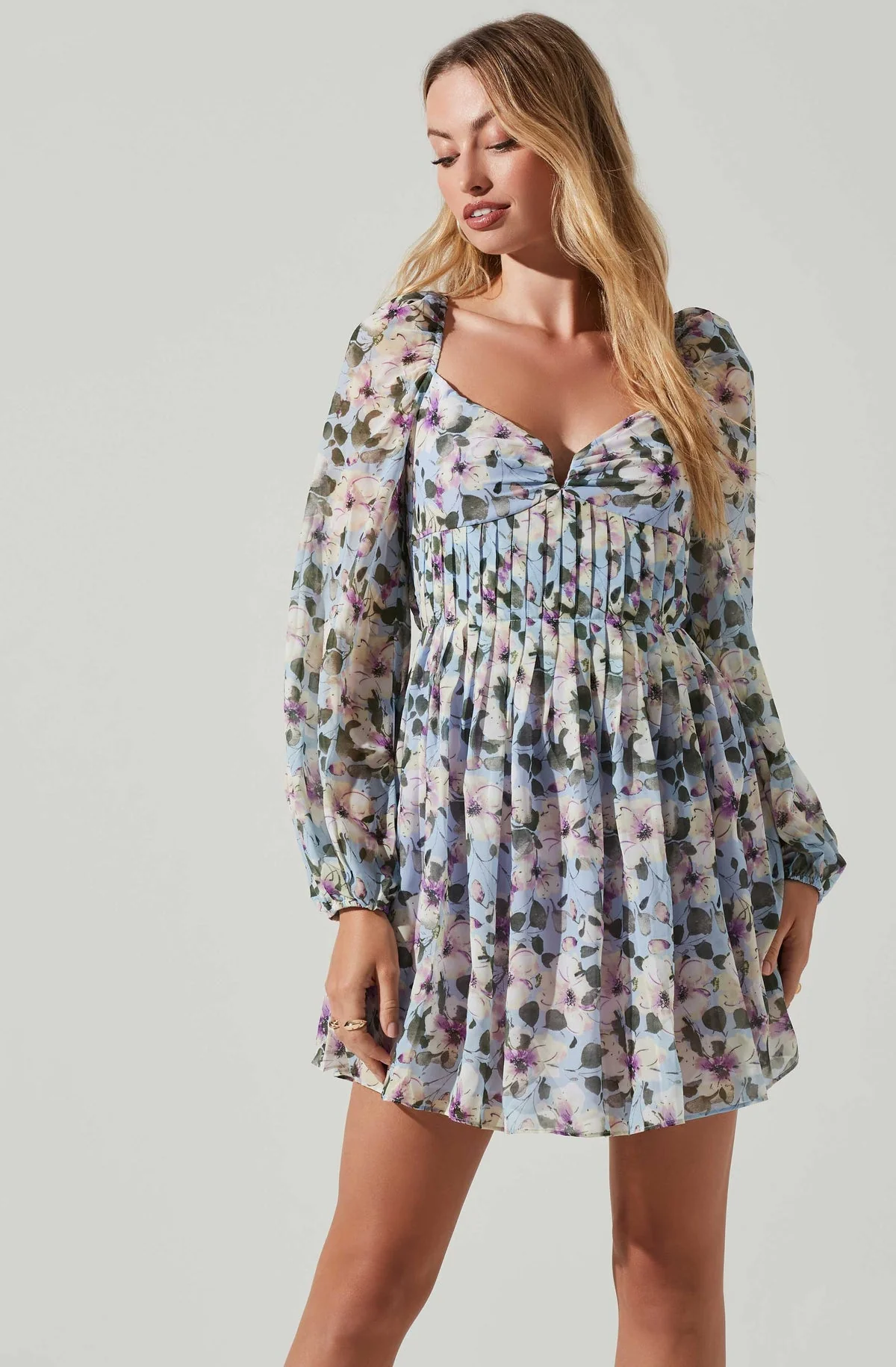 ASTR The Label Carina Floral Open Back Long-Sleeve Mini Dress in Blue Multi - Image 3