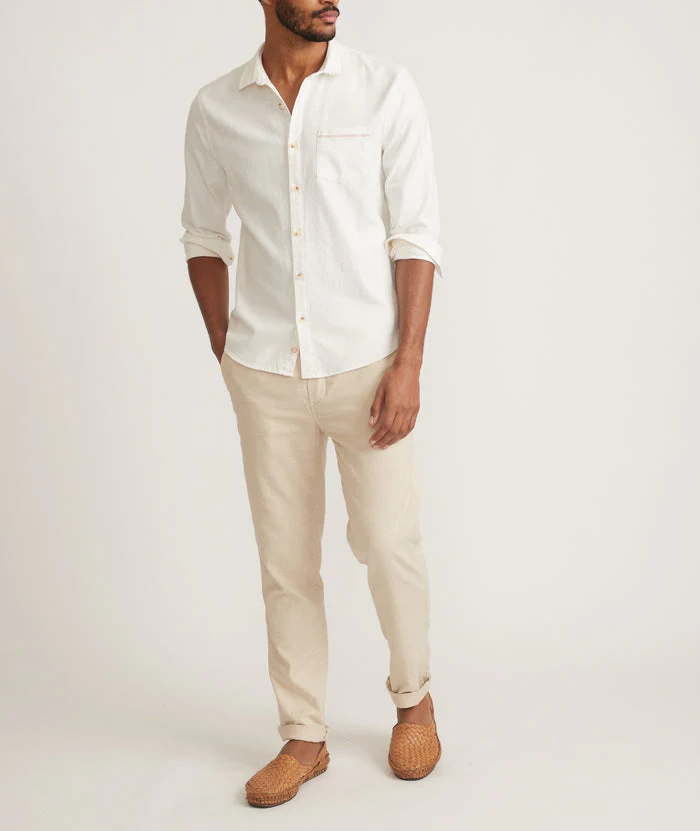 Marine Layer Classic Stretch Selvage Long Sleeve Shirt in Natural - Image 6