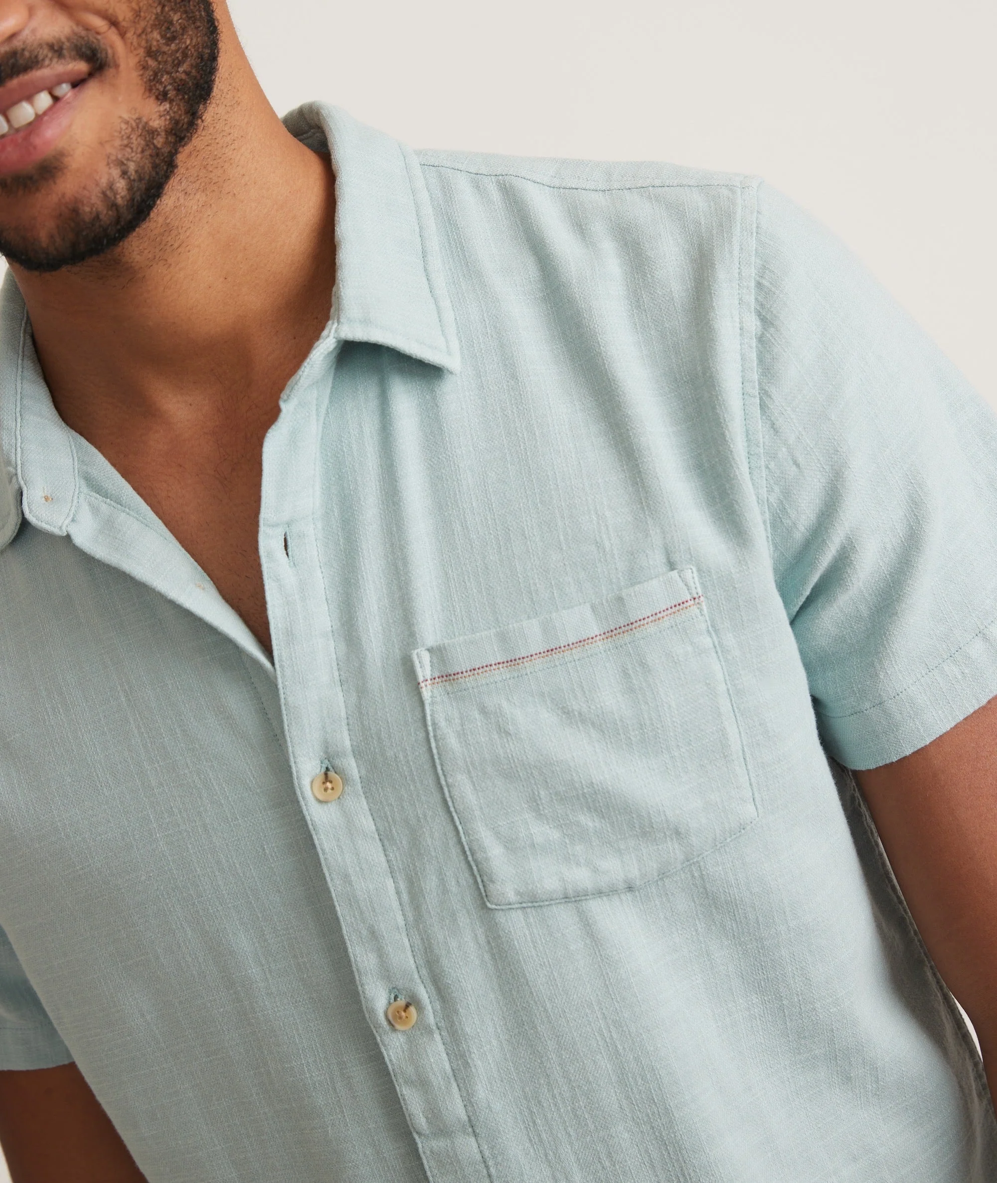 Marine Layer Classic Stretch Selvage Short Sleeve Shirt in Pale Blue - Image 2