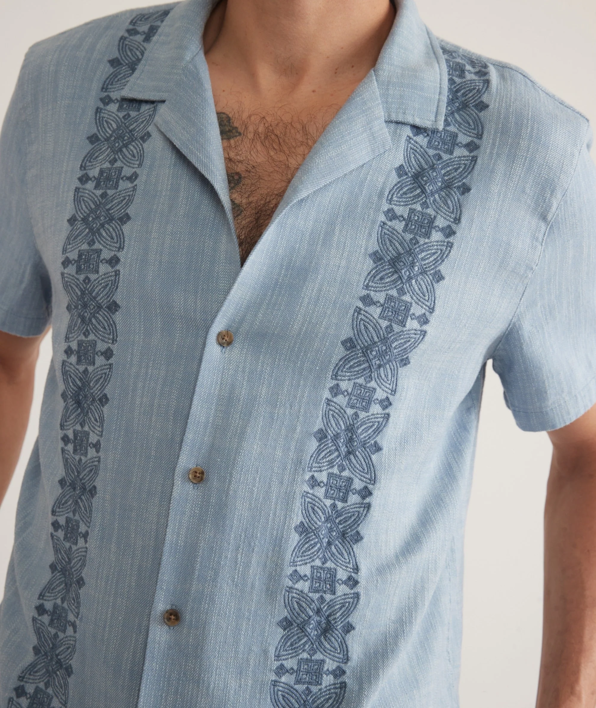 Marine Layer Stretch Selvage Embroidered Resort Shirt in Mid Blue - Image 3