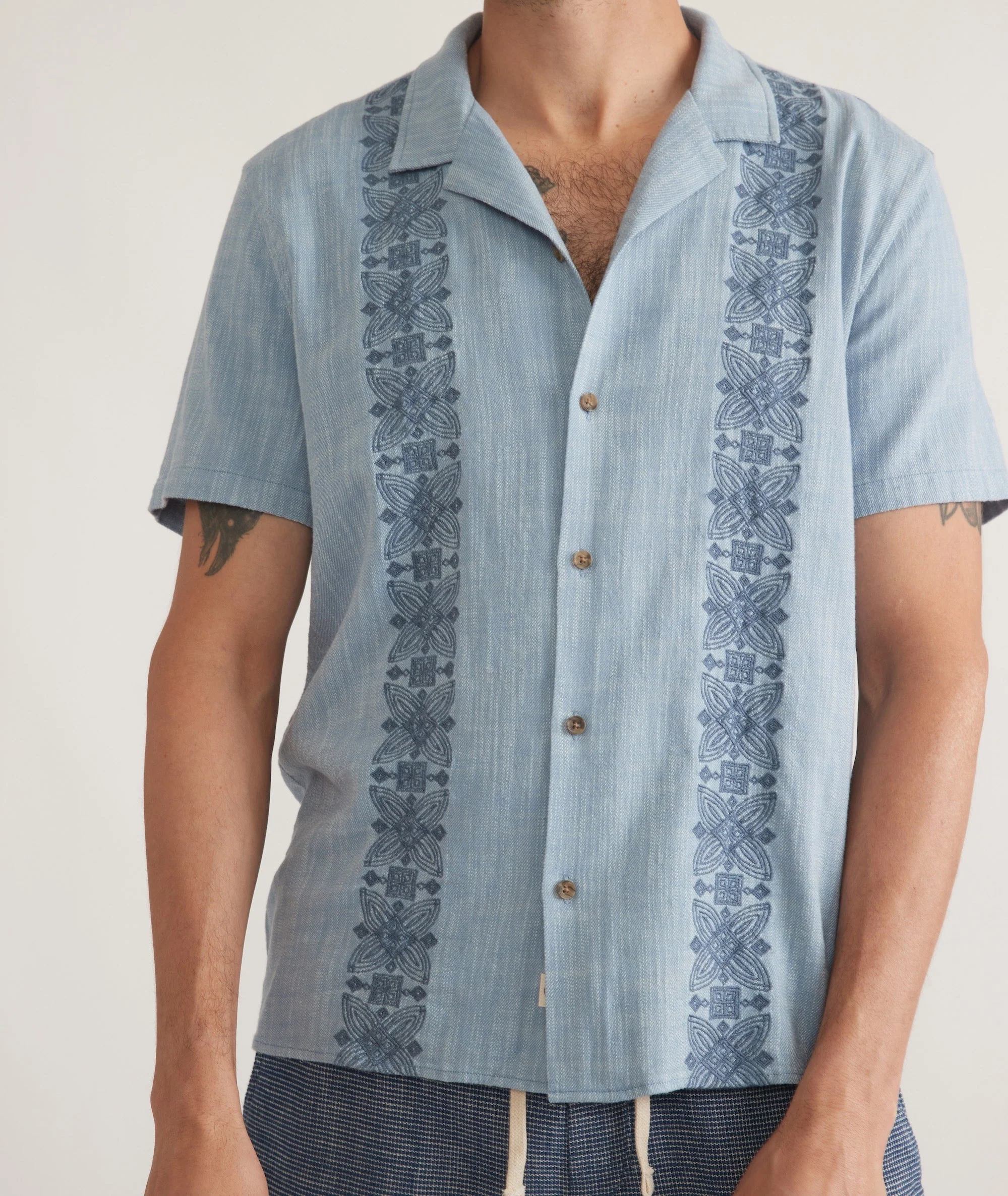 Marine Layer Stretch Selvage Embroidered Resort Shirt in Mid Blue - Image 4