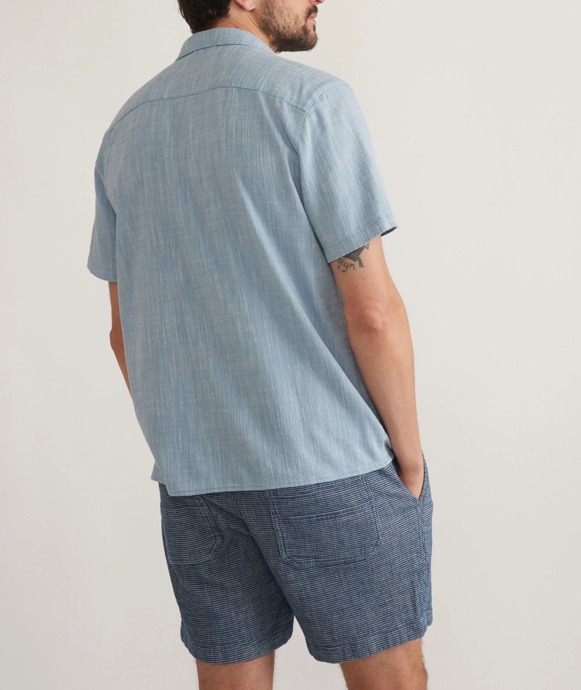 Marine Layer Stretch Selvage Embroidered Resort Shirt in Mid Blue - Image 5