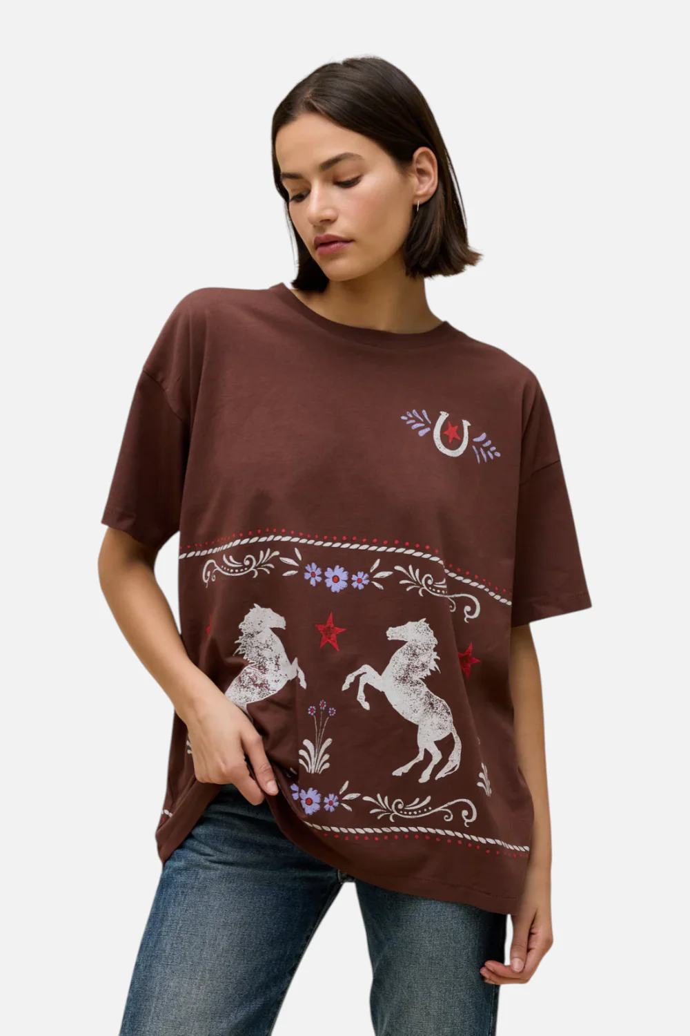 Daydreamer LA Women's Floral Horse Pattern Merch Tee in Nutmeg