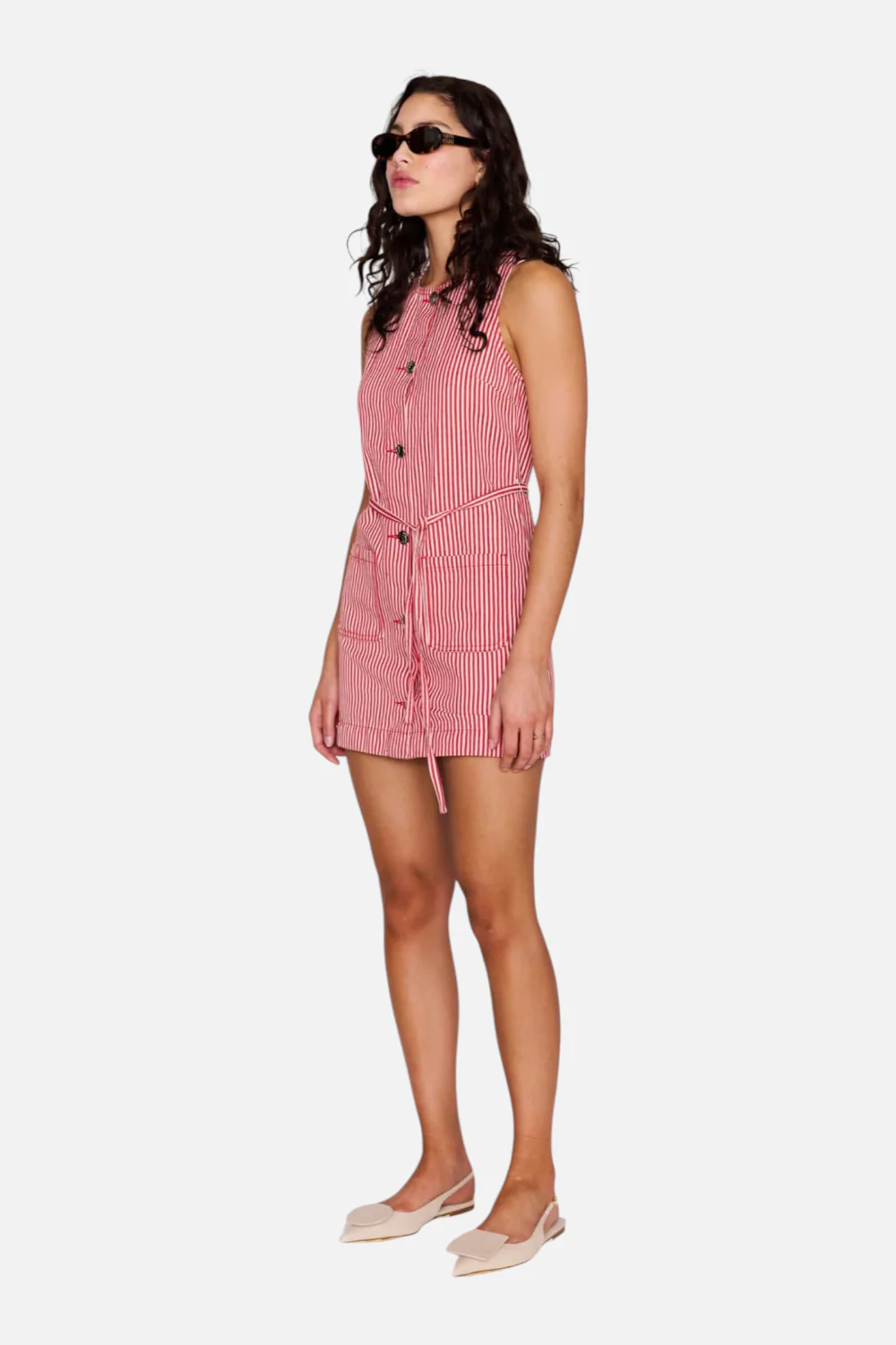 Minkpink Freya Pinstriped Denim Mini Dress in Red Stripe - Image 2