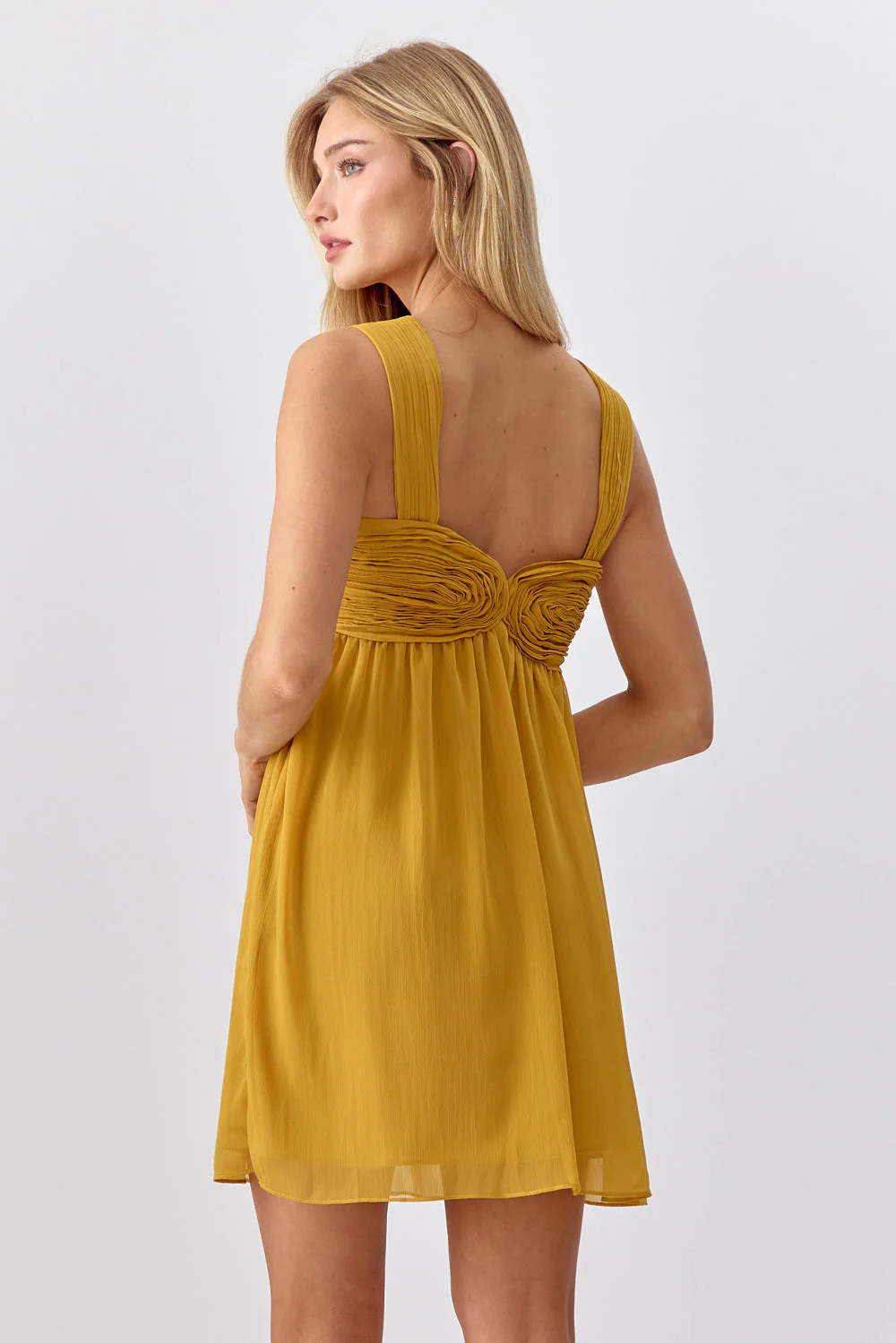 Adelyn Rae Ladella Rose Applique Chiffon Mini Dress in Golden Yellow - Image 2