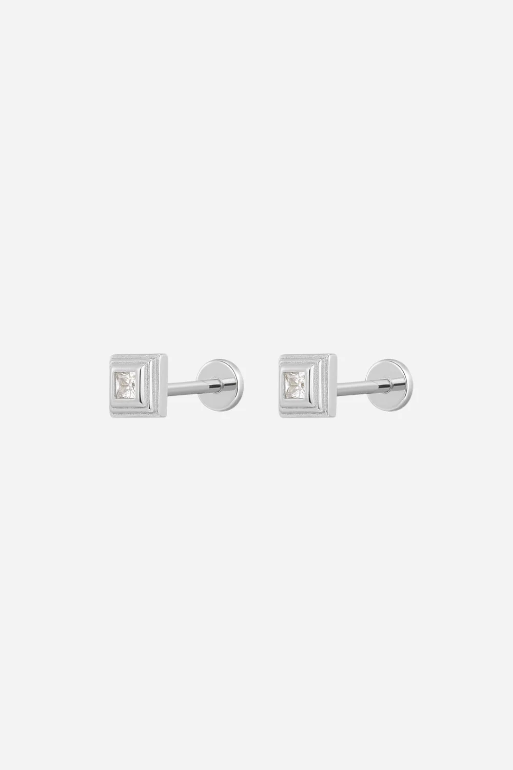 Luv AJ Pave Step Cut Pyramid Studs in Silver