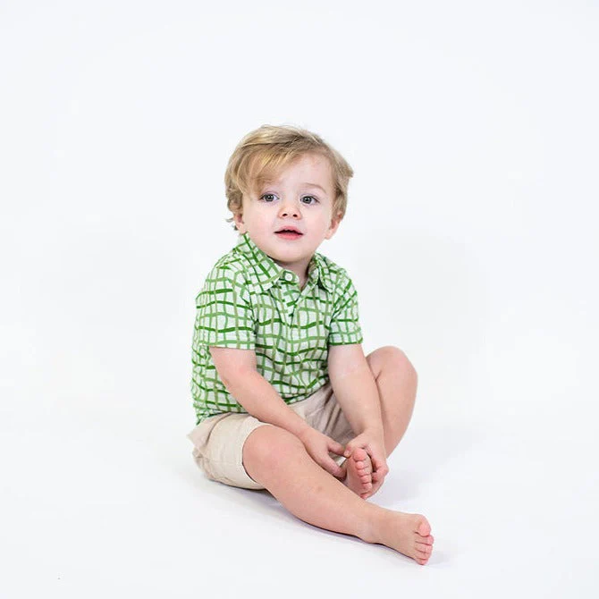 Goosies Short Sleeve Polo Shirt in Green Wavy Plaid - Image 3