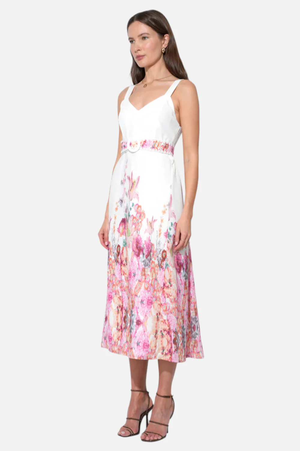 Adelyn Rae Remi V-Neck Floral Placement Midi Dress in White - Image 2