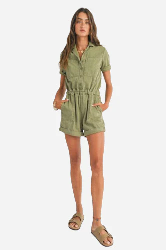 Sage the Label Road Trip Denim Romper in Olive