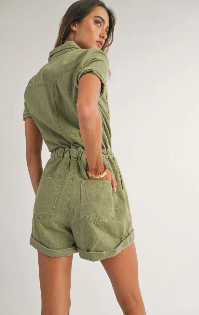 Sage the Label Road Trip Denim Romper in Olive - Image 2