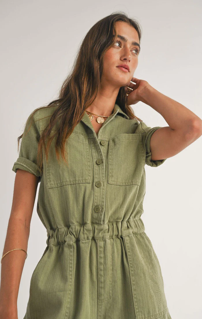 Sage the Label Road Trip Denim Romper in Olive - Image 4