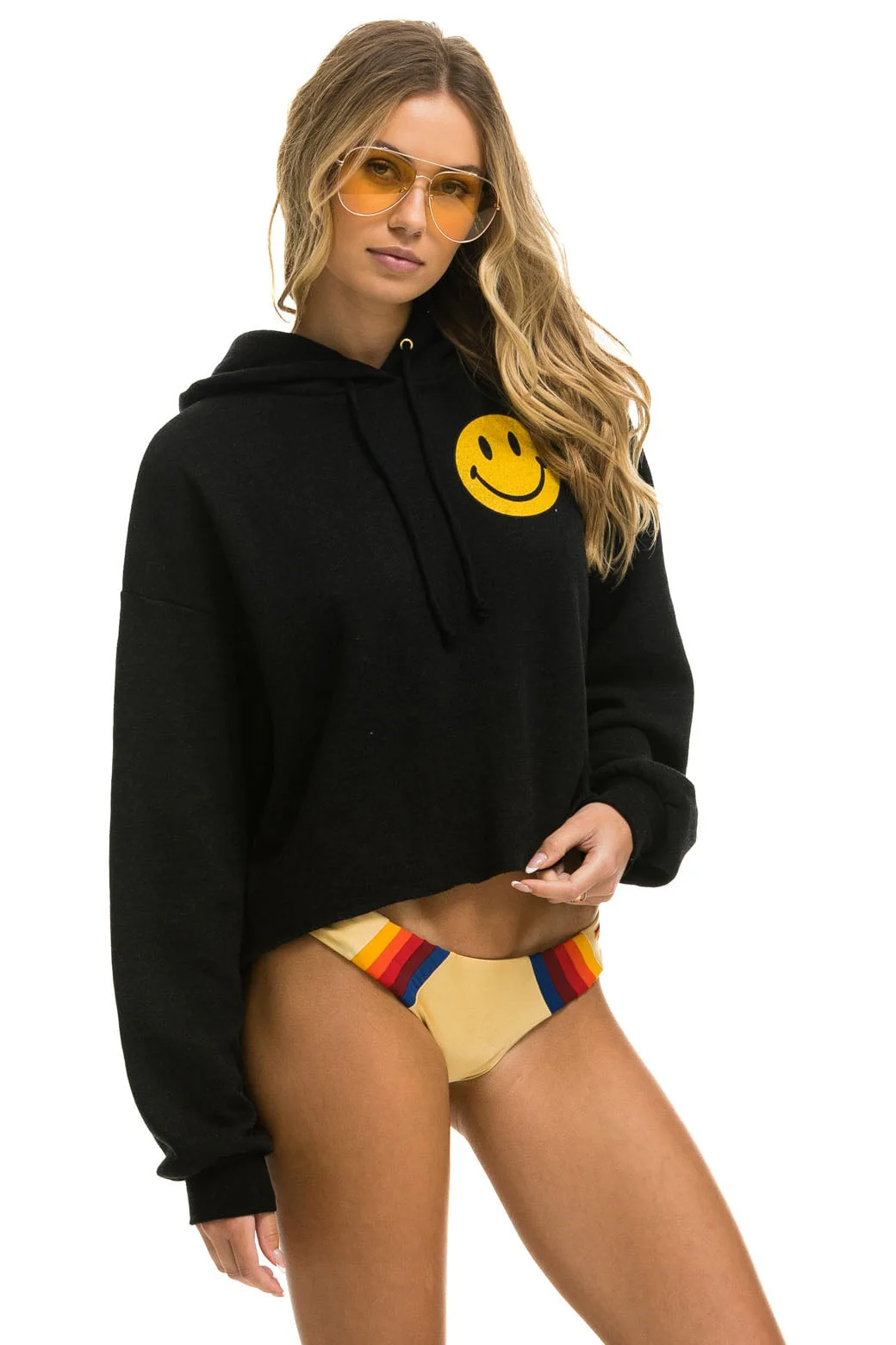 Aviator Nation Smiley 2 Relax Cropped Pullover Hoodie in Black - Image 4