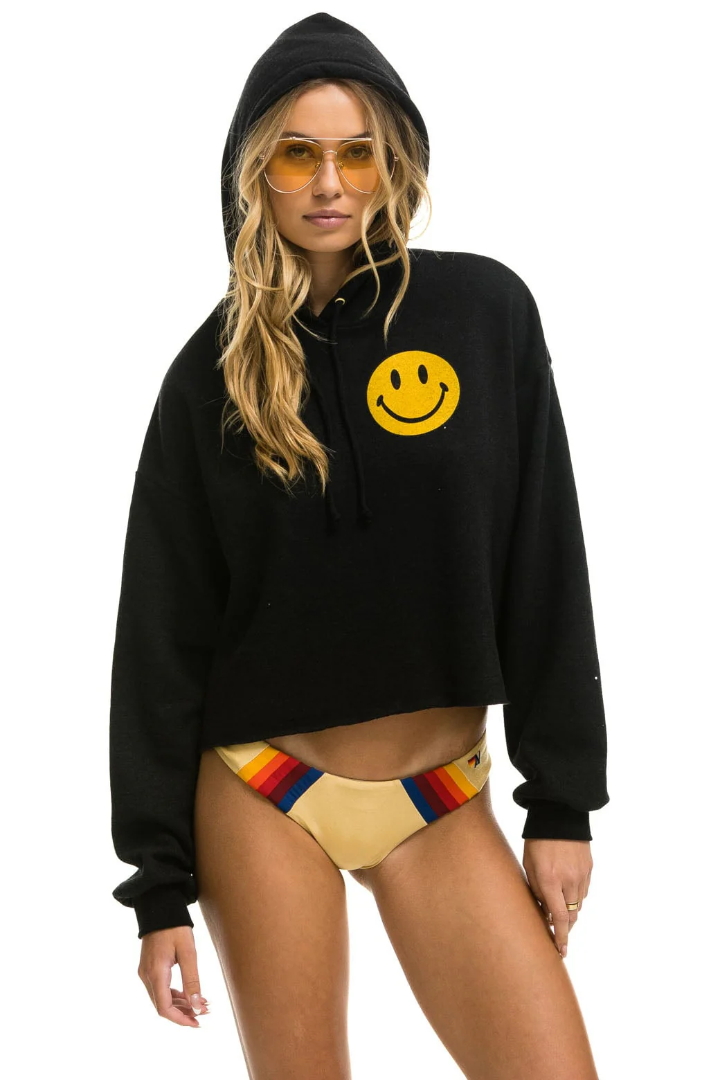 Aviator Nation Smiley 2 Relax Cropped Pullover Hoodie in Black - Image 5