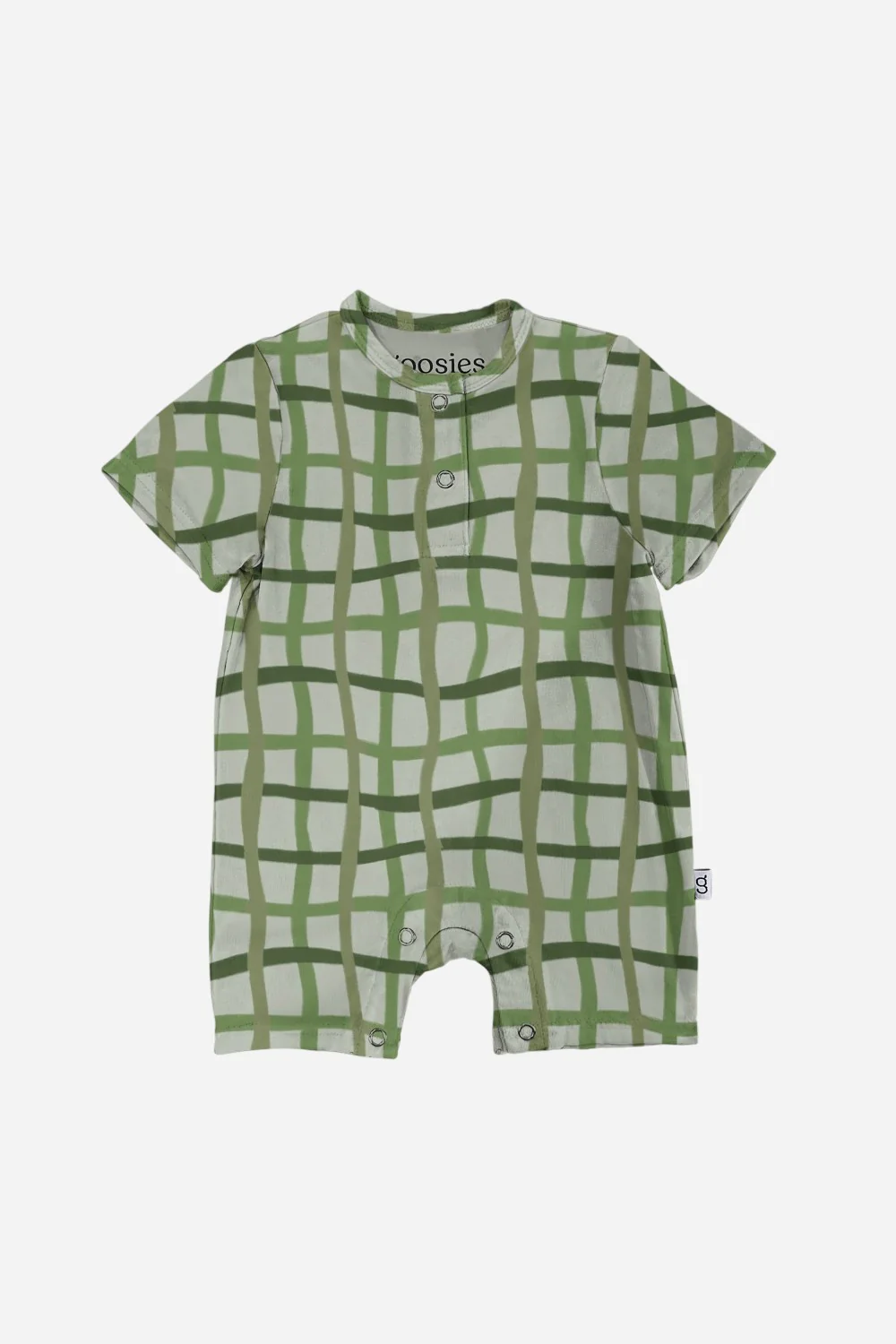 Goosies Short Sleeve Henley Romper in Green Wavy Plaid
