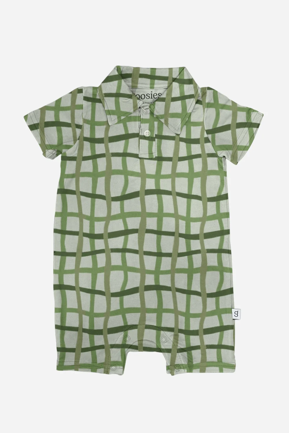 Goosies Short Sleeve Polo Romper in Green Wavy Plaid