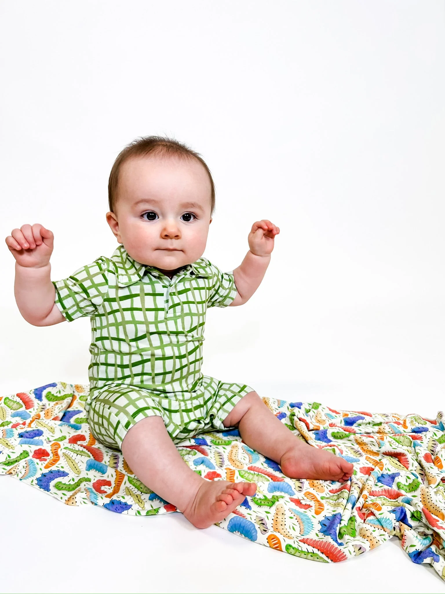 Goosies Short Sleeve Polo Romper in Green Wavy Plaid - Image 3