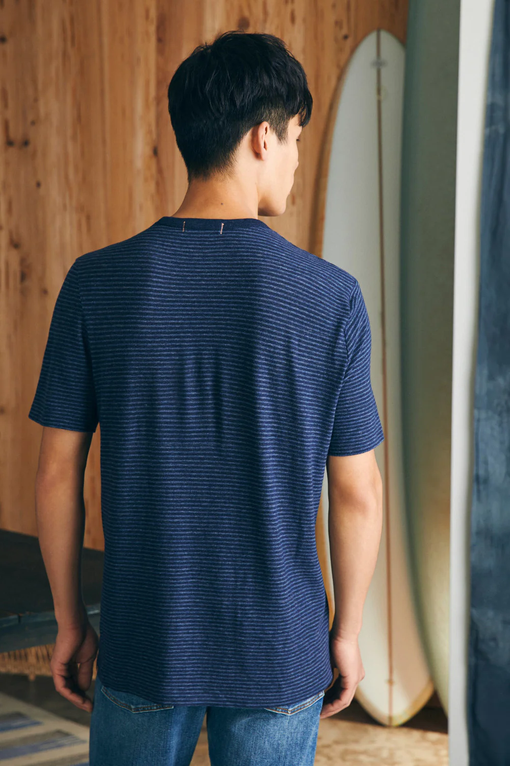 Faherty Short-Sleeve Vintage Chambray Tee in Navy Cove Stripe - Image 6