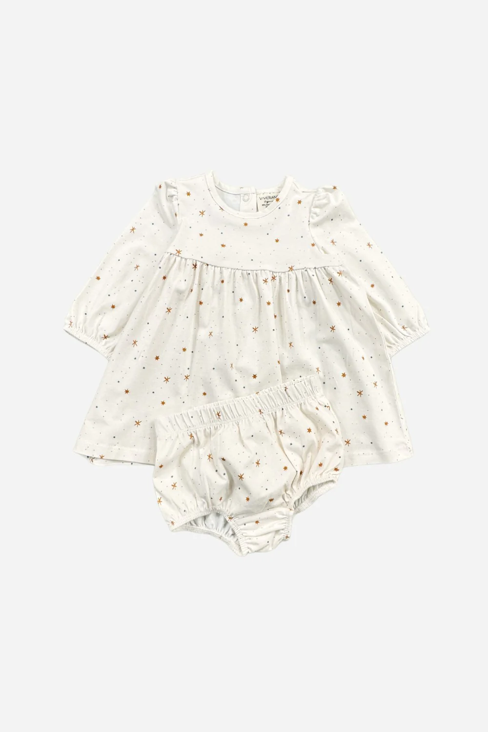 Viverano Stars Flare Baby Girl Dress + Bloomer Set in Natural