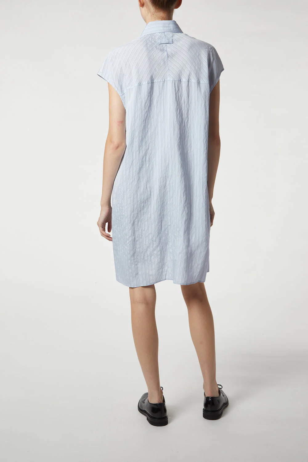 Saint Art Talma Cap Sleeve Button Dress in Pale Blue Pinstripe - Image 4