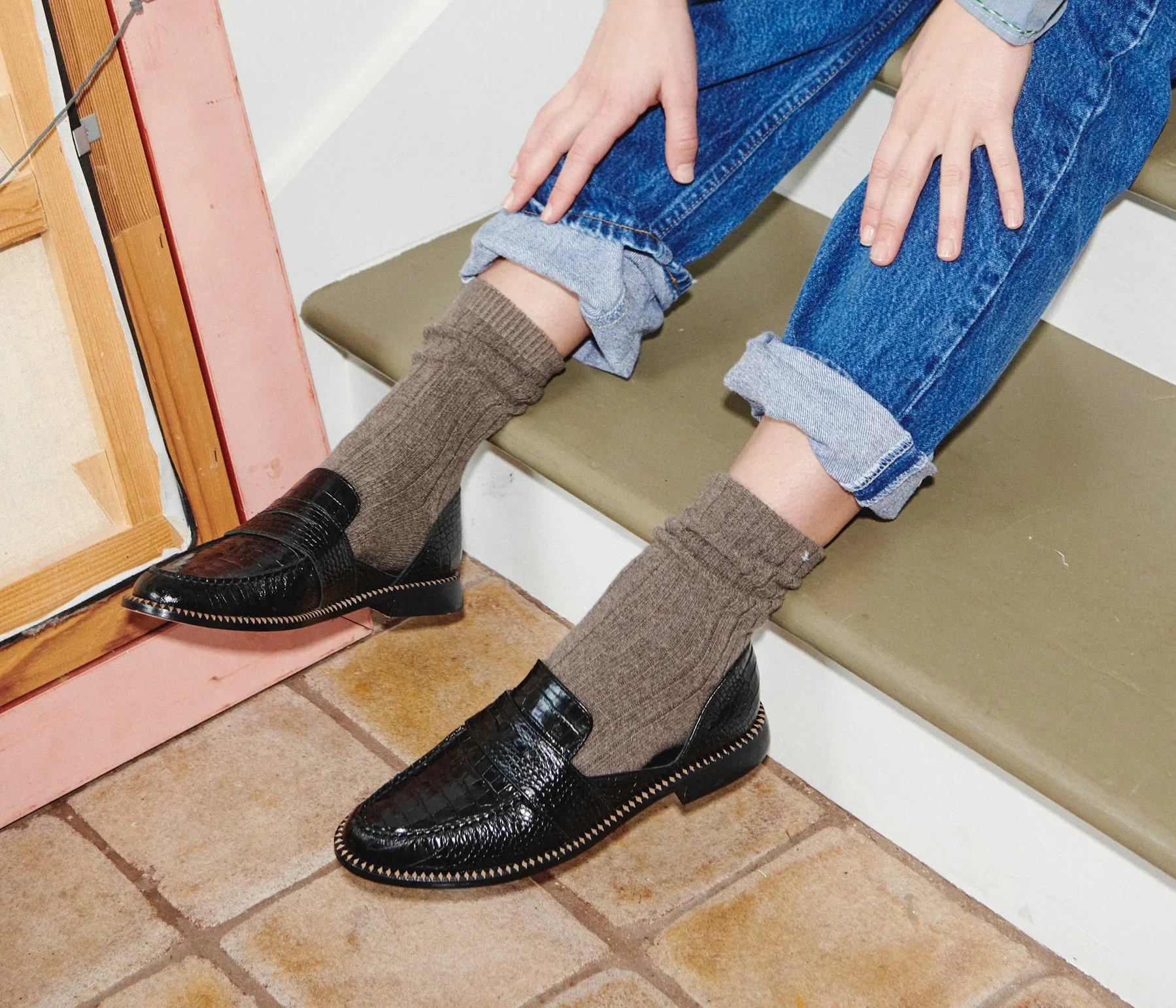 Freda Salvador Tash D'orsday Moccassin in Black Embossed Croc - Image 6