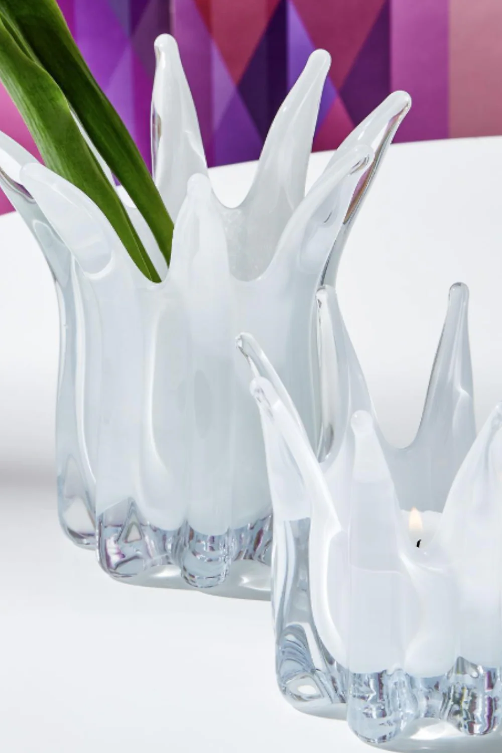 Two's Company White Blossoms Glass Candle Holder/Vase- Hand-Blown Glass - Image 2